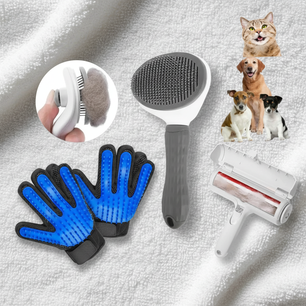 Kit Toilettage Premium – Brosse auto-nettoyante, gant 5 doigts et rouleau ramasse-poils