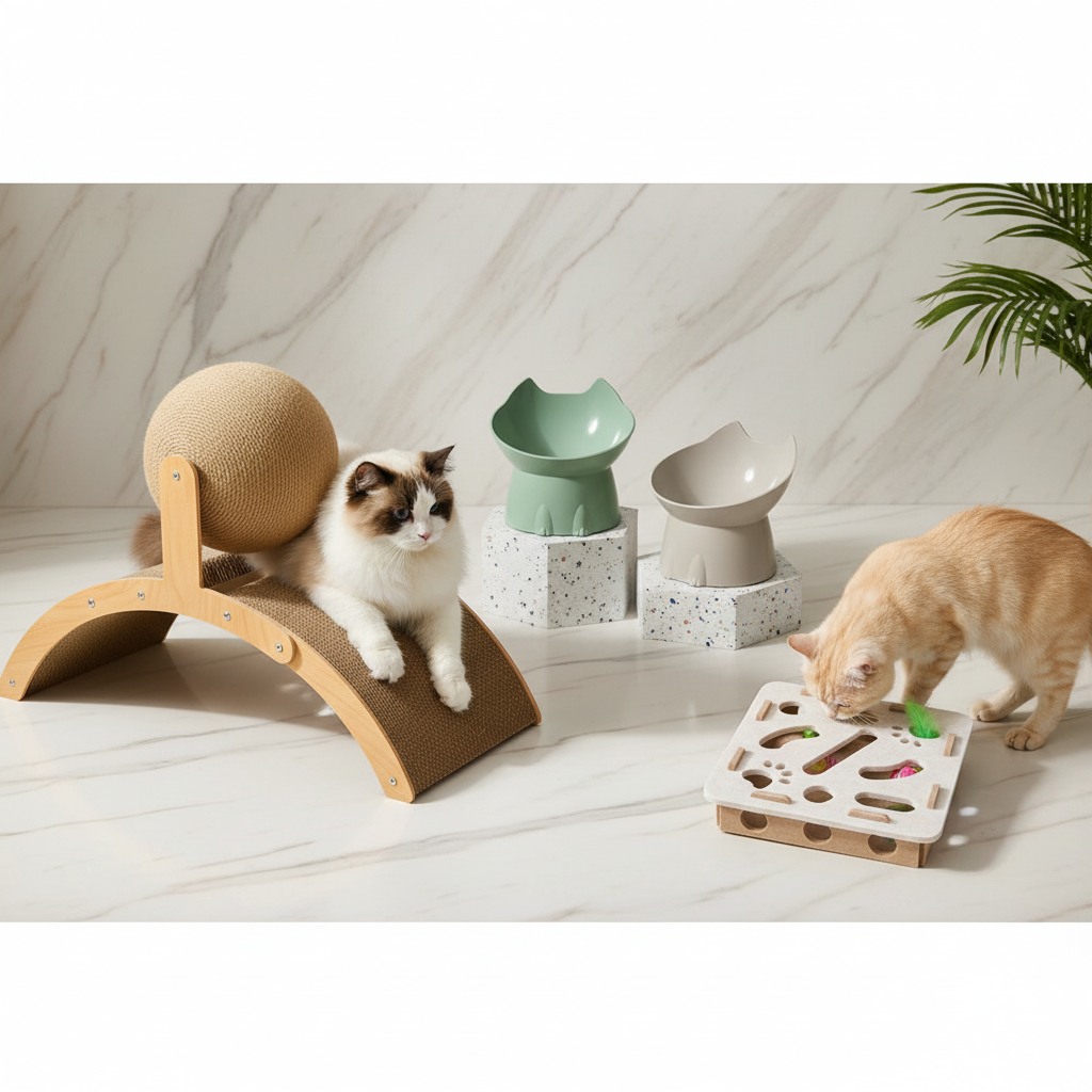Kit Bien-être Chat – Griffoir lapin, gamelle surélevée et jouet puzzle pour chat