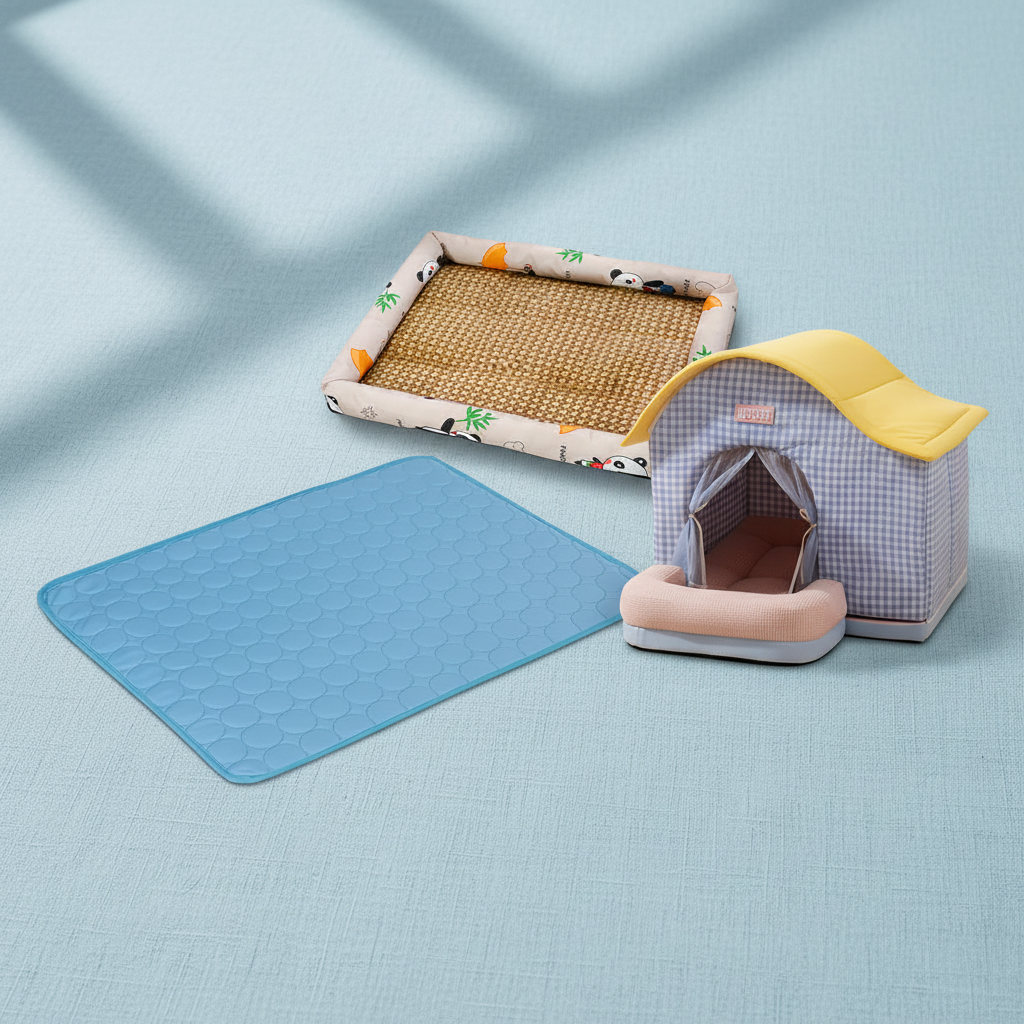 Kit Été Fraîcheur – Tapis rafraîchissant, canapé rotin et maison climatisée pour chien et chat
